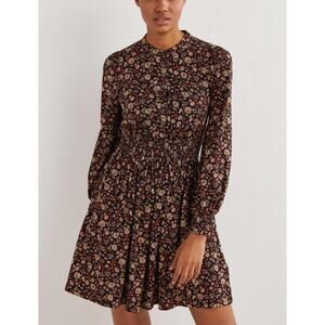 BODEN Smocked Jersey Button Mini Shirt Dress Red Ditsy Floral Long Sleeve 8P